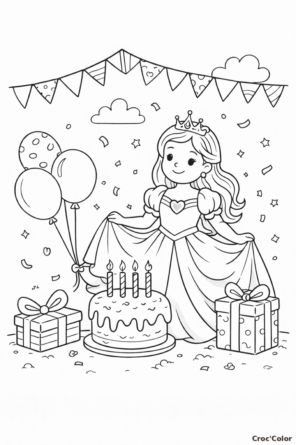 Coloriage Princesse Anniversaire Facile - Dessin Gâteau et Cadeaux Maternelle à Imprimer Gratuit