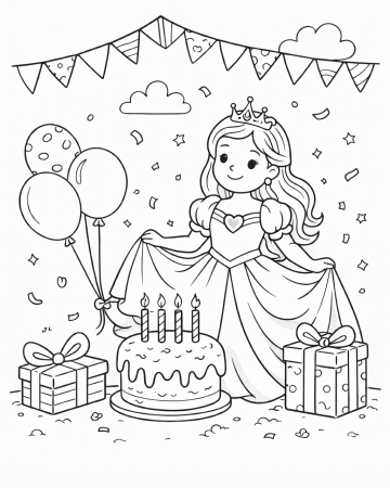 Coloriage Princesse Anniversaire Facile - Dessin Gâteau et Cadeaux Maternelle à Imprimer Gratuit