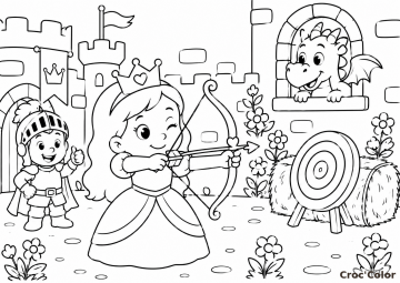 Coloriage Princesse Archère et Château Fort - Dessin Princesse Tir à l'Arc, Chevalier, Dragon et Cible à Imprimer Gratuit