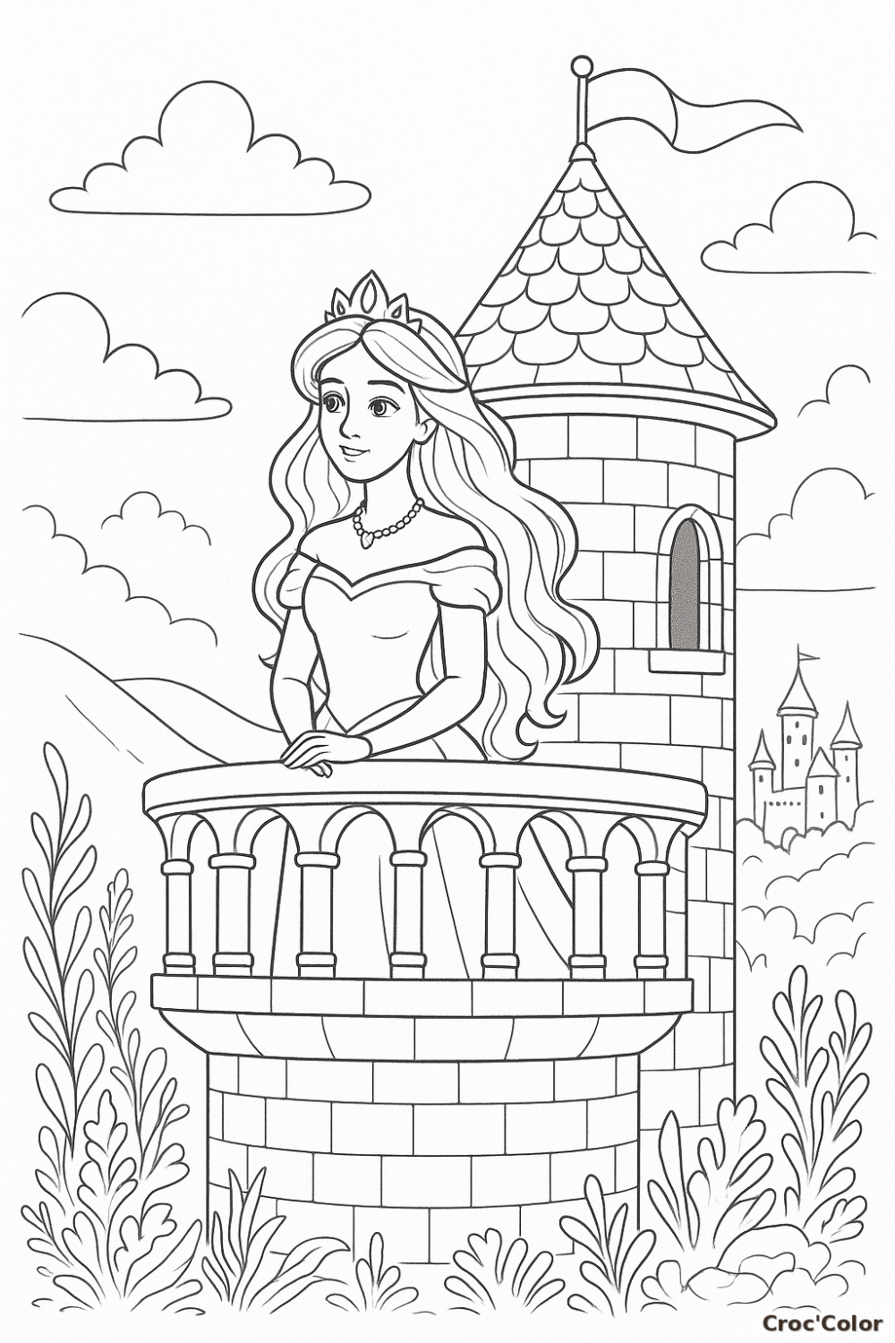 Coloriage Princesse au Balcon - Dessin Tour de Château à Imprimer Gratuit