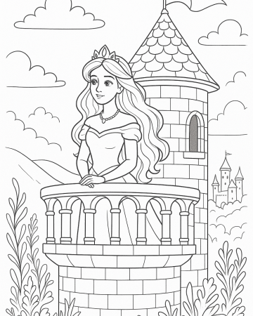 Coloriage Princesse au Balcon - Dessin Tour de Château à Imprimer Gratuit