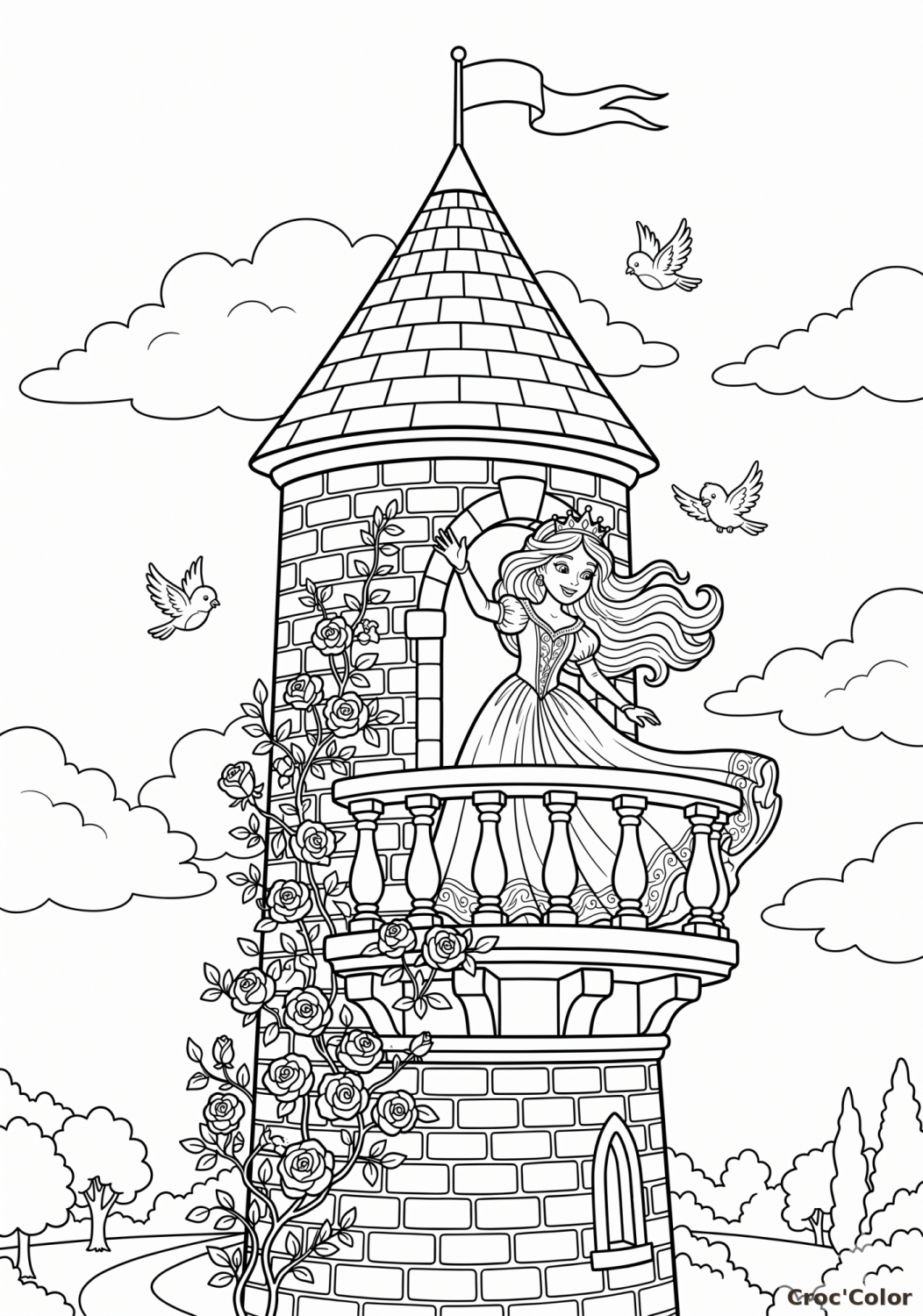 Coloriage Princesse Raiponce au Balcon - Dessin Tour de Château Fort à Imprimer