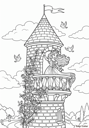 Coloriage Princesse Raiponce au Balcon - Dessin Tour de Château Fort à Imprimer