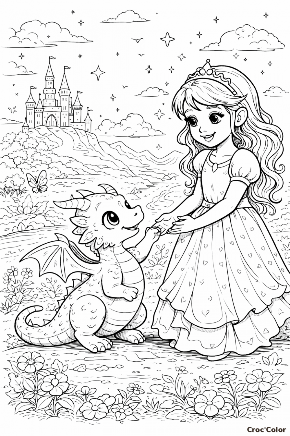 Coloriage Princesse et Bébé Dragon Facile - Dessin Amitié Magique à Imprimer Gratuit