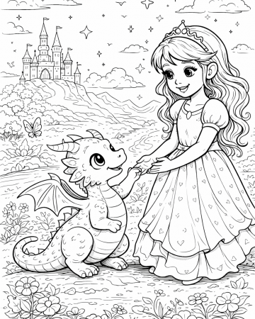 Coloriage Princesse et Bébé Dragon Facile - Dessin Amitié Magique à Imprimer Gratuit