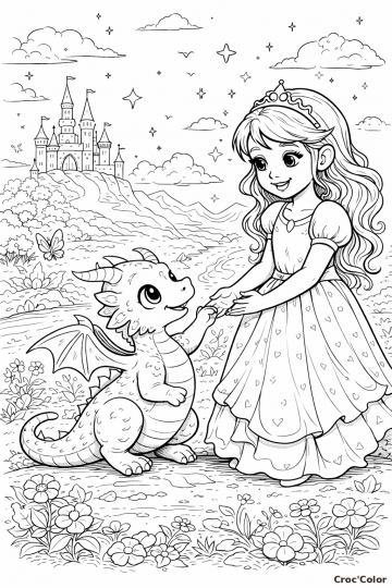 Coloriage Princesse et Bébé Dragon Facile - Dessin Amitié Magique à Imprimer Gratuit
