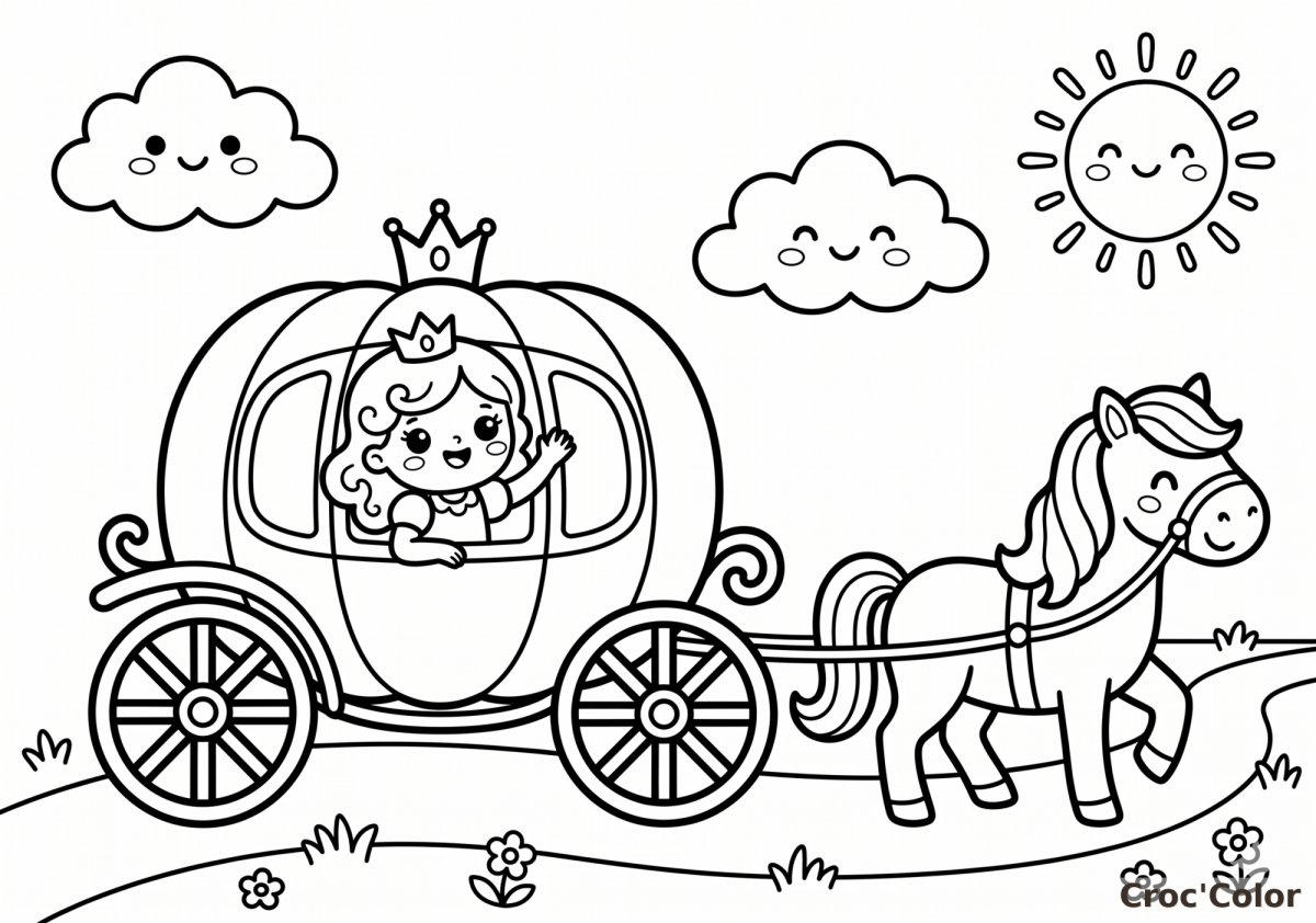 Coloriage Carrosse Citrouille Princesse - Dessin Cheval et Château Facile à Imprimer