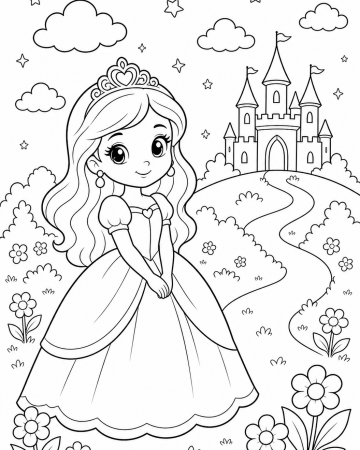 Coloriage Princesse et Château Facile - Dessin Princesse Maternelle à Imprimer Gratuit