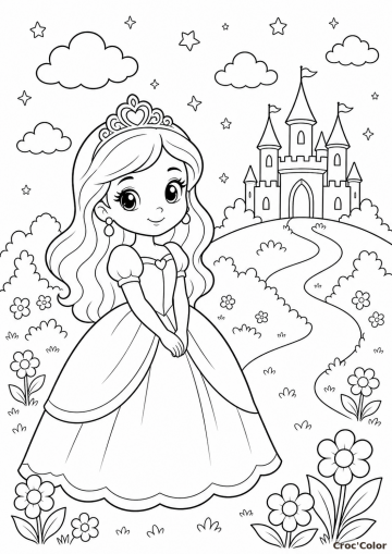 Coloriage Princesse et Château Facile - Dessin Princesse Maternelle à Imprimer Gratuit
