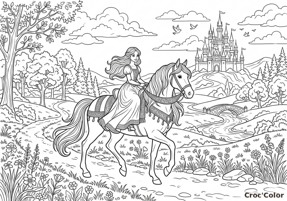 Coloriage Princesse à Cheval et Château Magique - Dessin Paysage Féerique à Imprimer