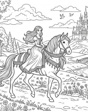 Coloriage Princesse à Cheval et Château Magique - Dessin Paysage Féerique à Imprimer