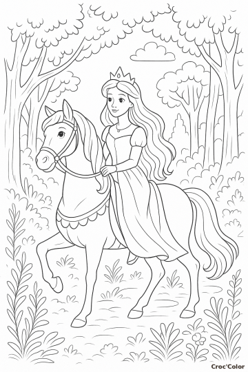 Coloriage Princesse à Cheval dans la Forêt - Dessin Conte de Fées à Imprimer