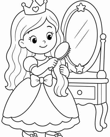 Coloriage Princesse Coiffeuse Facile - Dessin Princesse devant son Miroir à Imprimer Gratuit