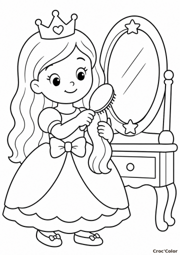 Coloriage Princesse Coiffeuse Facile - Dessin Princesse devant son Miroir à Imprimer Gratuit