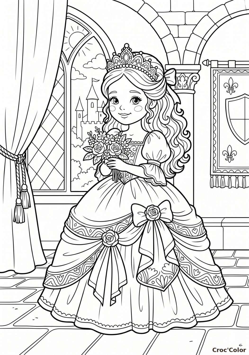 Coloriage Princesse en Robe de Bal au Palais - Dessin Élégant à Imprimer
