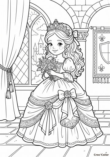Coloriage Princesse en Robe de Bal au Palais - Dessin Élégant à Imprimer