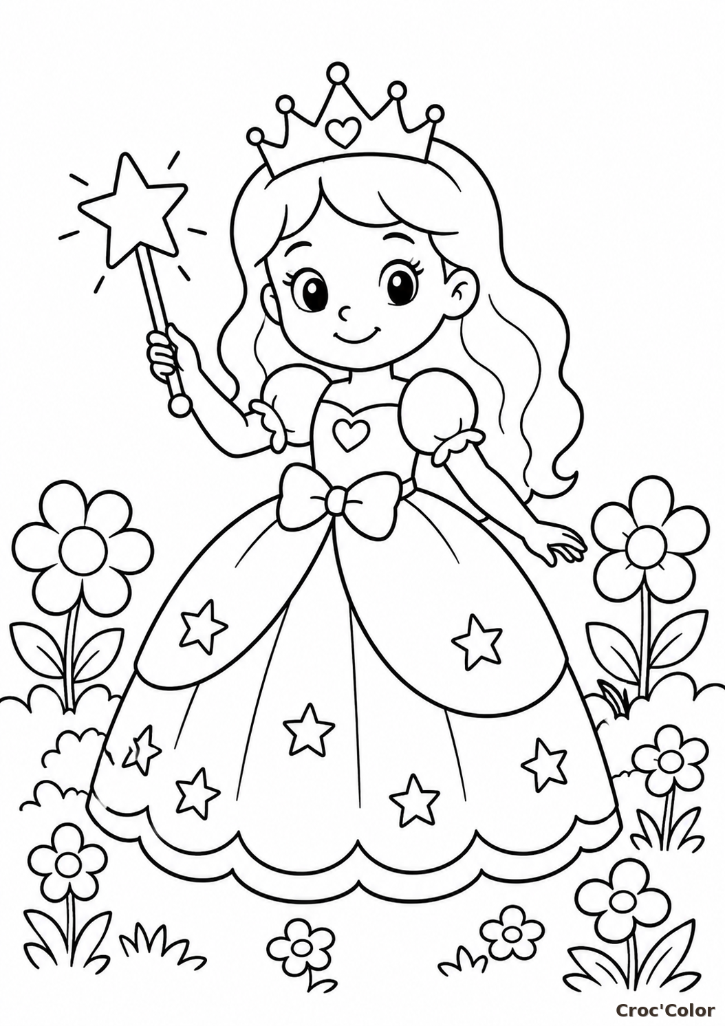 Coloriage Princesse Facile Maternelle - Dessin Princesse et Baguette Magique à Imprimer