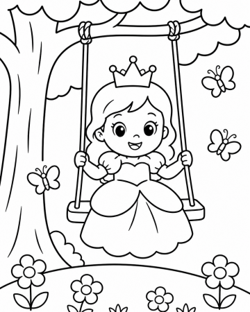 Coloriage Princesse Facile Maternelle - Dessin Princesse sur une Balançoire à Imprimer Gratuit