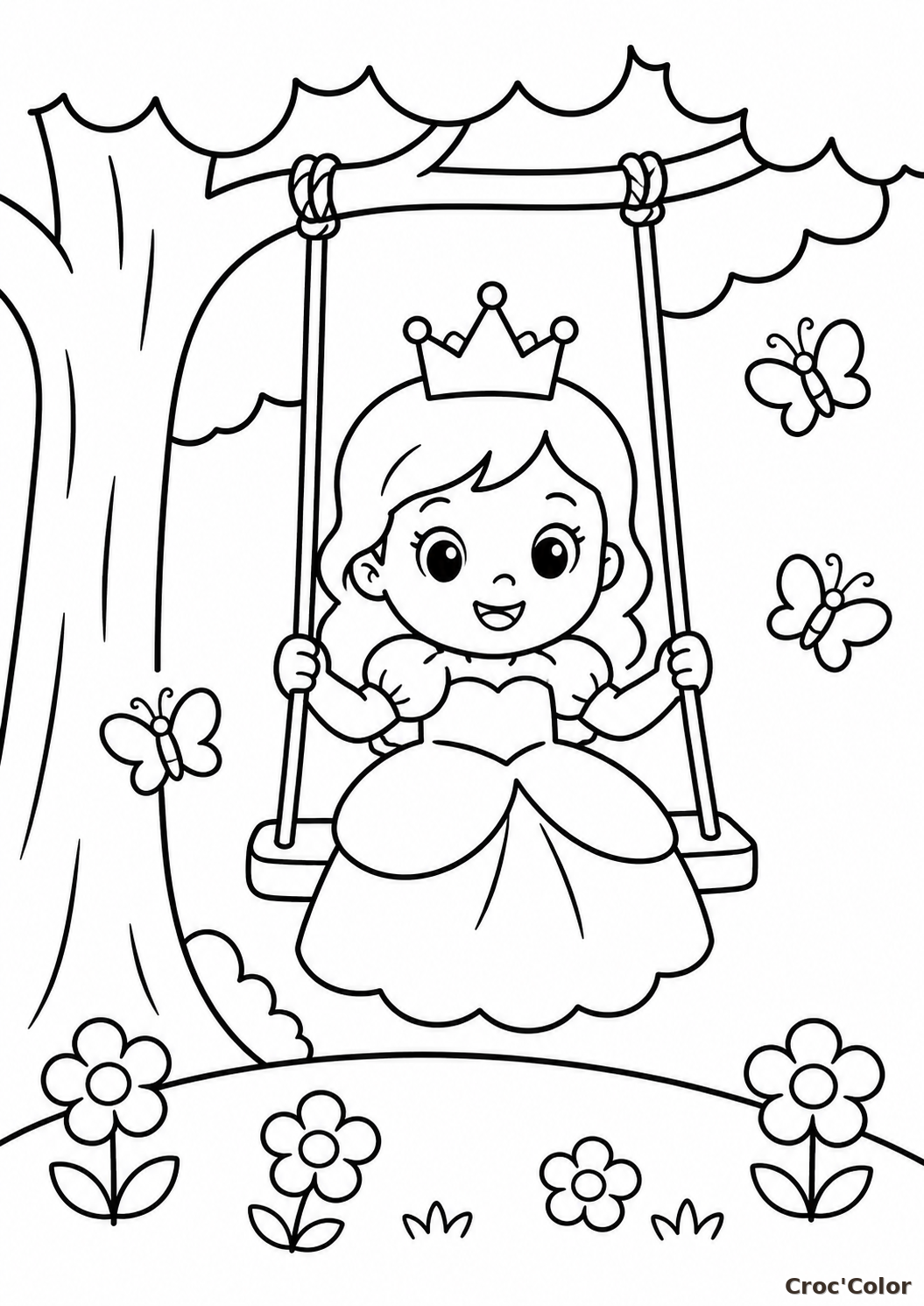 Coloriage Princesse Facile Maternelle - Dessin Princesse sur une Balançoire à Imprimer Gratuit