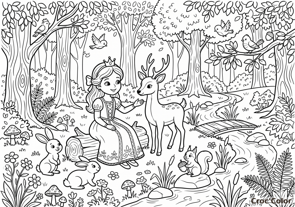 Coloriage Princesse dans la Forêt avec Animaux - Dessin Nature Magique à Imprimer