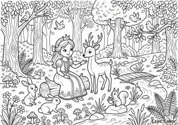 Coloriage Princesse dans la Forêt avec Animaux - Dessin Nature Magique à Imprimer
