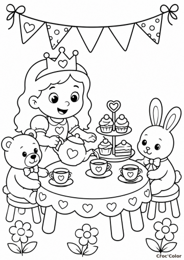 Coloriage Princesse Gôuter du Thé avec Doudous - Dessin Princesse, Ours en Peluche, Lapin et Gâteaux à Imprimer Gratuit