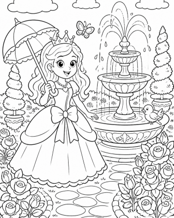 Coloriage Princesse dans son Jardin Facile - Dessin Fontaine et Roses à Imprimer