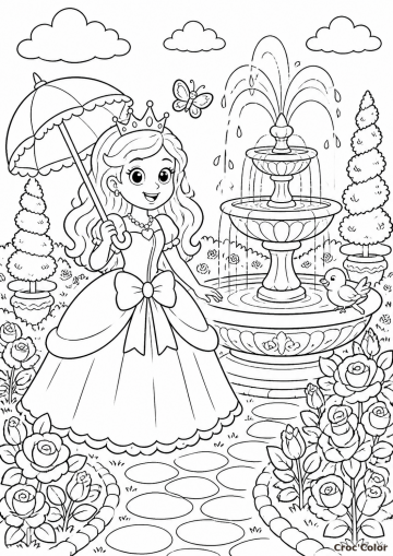 Coloriage Princesse dans son Jardin Facile - Dessin Fontaine et Roses à Imprimer