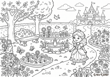 Coloriage Jardin Royal de la Princesse - Dessin Château et Fontaine à Imprimer