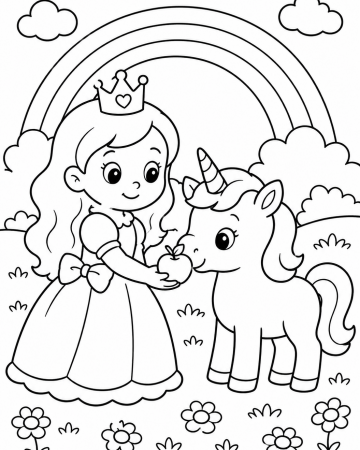 Coloriage Princesse et Licorne Facile - Dessin Arc-en-Ciel Maternelle à Imprimer Gratuit