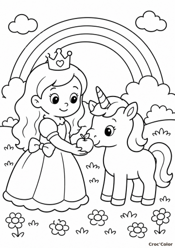 Coloriage Princesse et Licorne Facile - Dessin Arc-en-Ciel Maternelle à Imprimer Gratuit