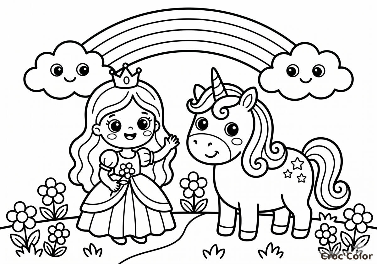 Coloriage Princesse et Licorne Arc-en-Ciel - Dessin Facile Maternelle à Imprimer