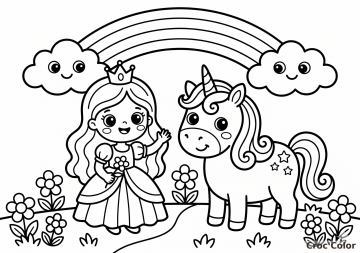 Coloriage Princesse et Licorne Arc-en-Ciel - Dessin Facile Maternelle à Imprimer