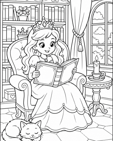 Coloriage Princesse qui Lit un Livre - Dessin Chambre Royale et Chat à Imprimer
