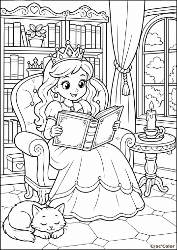 Coloriage Princesse qui Lit un Livre - Dessin Chambre Royale et Chat à Imprimer