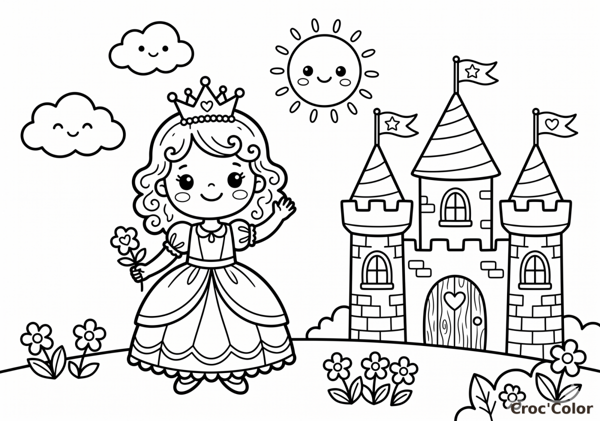 Coloriage Princesse et Château Fort Facile - Dessin Conte de Fées à Imprimer