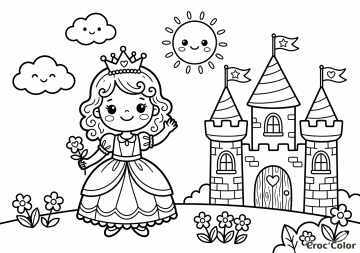 Coloriage Princesse et Château Fort Facile - Dessin Conte de Fées à Imprimer