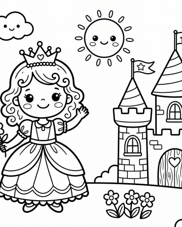 Coloriage Princesse et Château Fort Facile - Dessin Conte de Fées à Imprimer