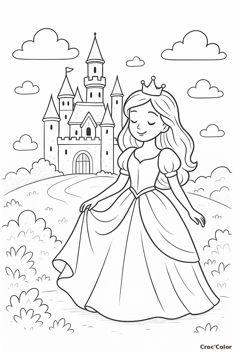 Coloriage Princesse et son Château de Contes de Fées - Dessin à Imprimer Gratuit
