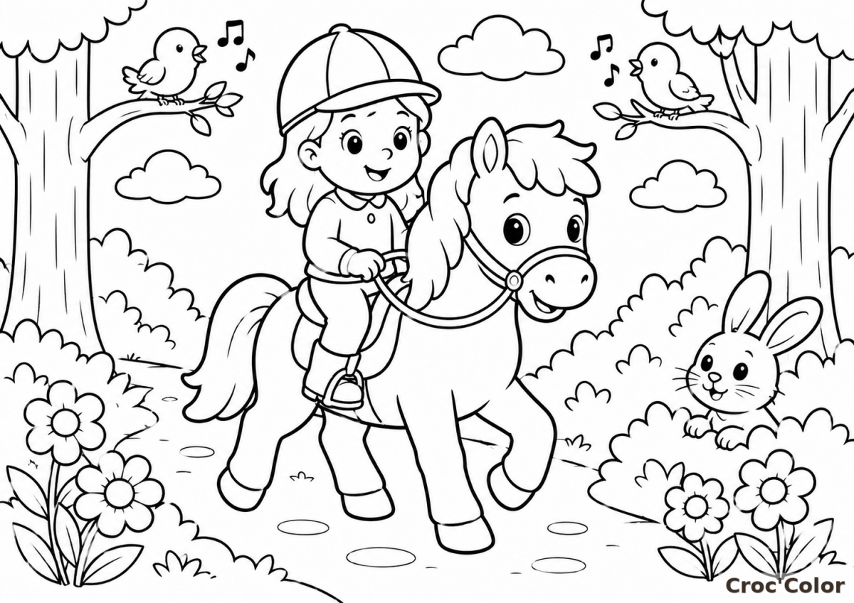 Coloriage Promenade à Poney en Forêt Facile - Dessin Petite Fille à Cheval, Lapin et Oiseaux à Imprimer Gratuit