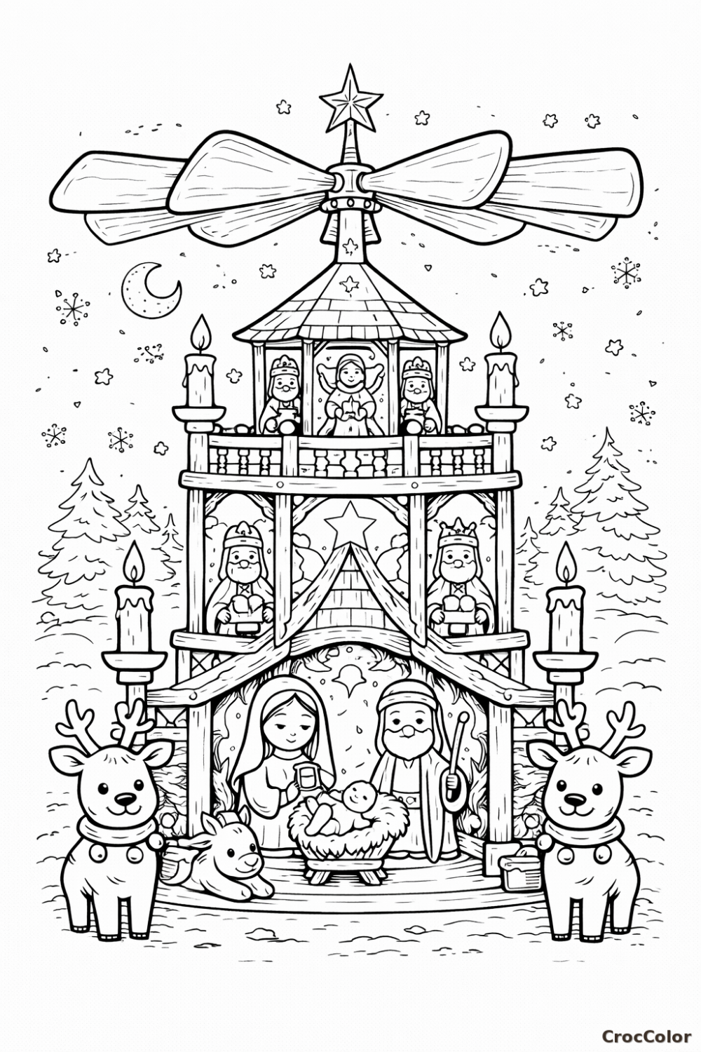 Coloriage Pyramide de Noël et Crèche : Dessin Traditionnel de Noël