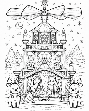 Coloriage Pyramide de Noël et Crèche : Dessin Traditionnel de Noël