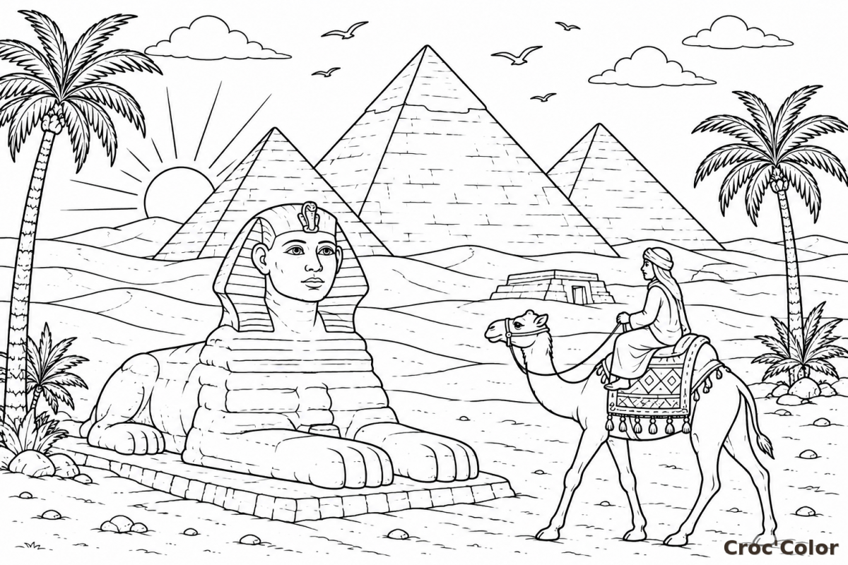 Coloriage Pyramides d'Égypte et Sphinx - Dessin Chamelier au Désert, Palmiers et Soleil à Imprimer Gratuit