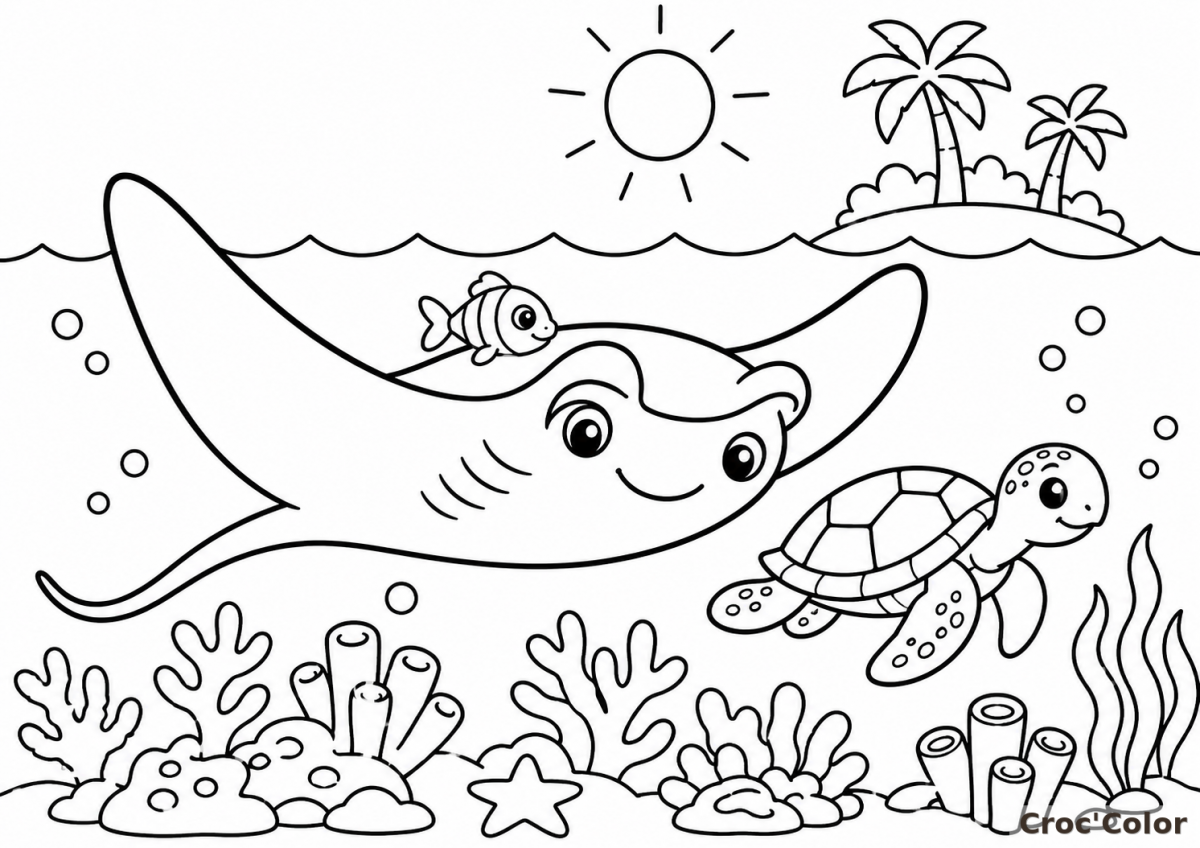 Coloriage Raie Manta et Tortue Marine - Dessin Fond Marin Maternelle à Imprimer Gratuit