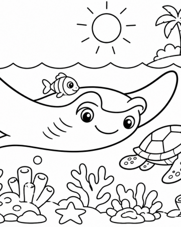 Coloriage Raie Manta et Tortue Marine - Dessin Fond Marin Maternelle à Imprimer Gratuit