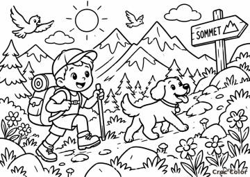 Coloriage Randonnée en Montagne - Dessin Enfant, Chien, Panneau Sommet, Sac à Dos et Bâton de Marche à Imprimer Gratuit
