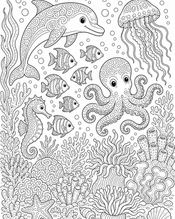 Coloriage récif corallien détaillé - Animaux marins à imprimer