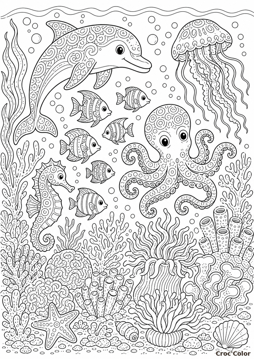 Coloriage récif corallien détaillé - Animaux marins à imprimer