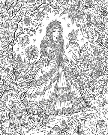 Coloriage Reine des Fées dans la Forêt Enchantée - Dessin Adulte Difficile à Imprimer
