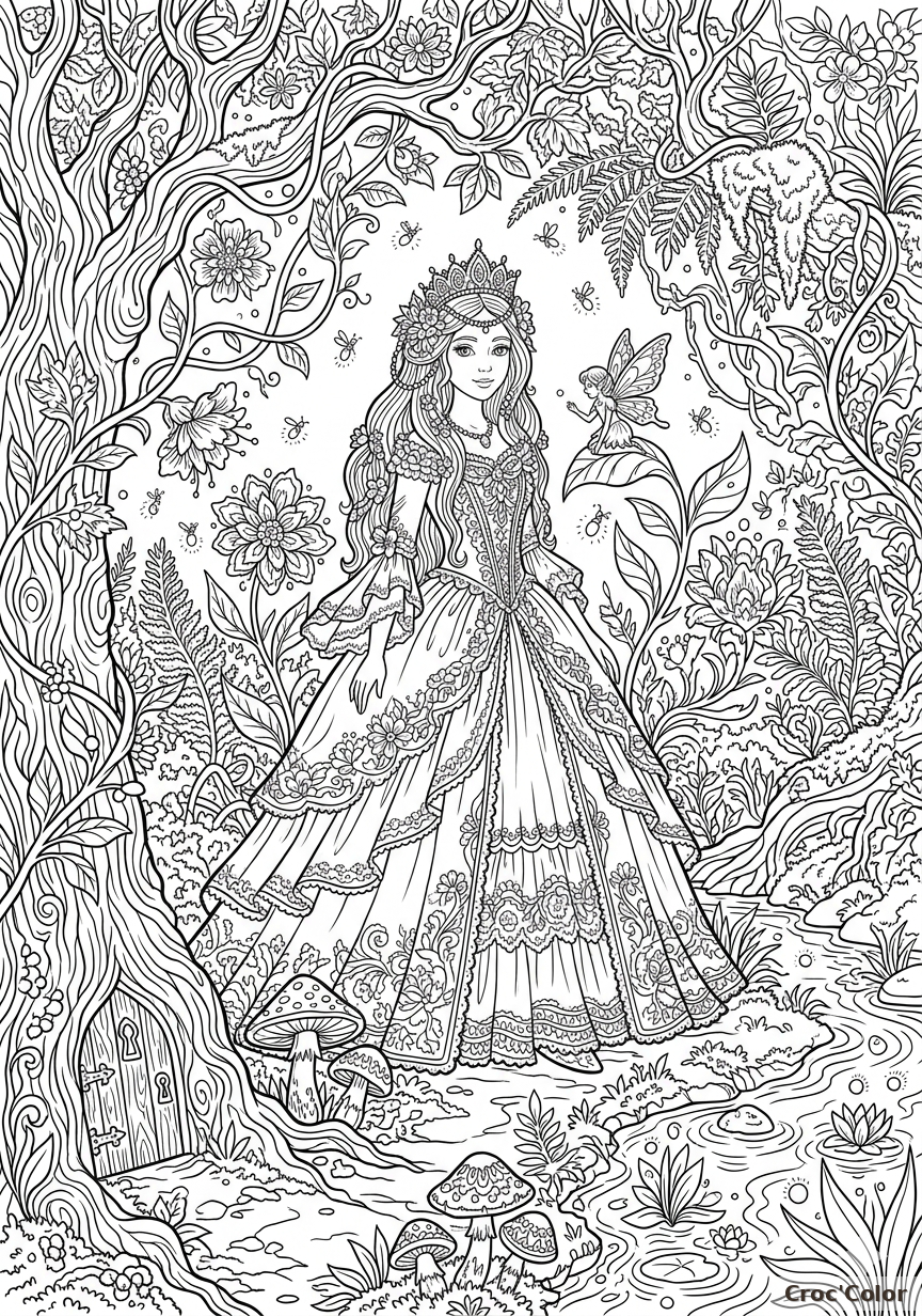 Coloriage Reine des Fées dans la Forêt Enchantée - Dessin Adulte Difficile à Imprimer